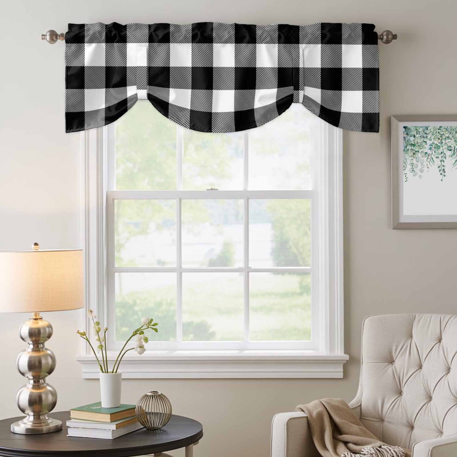 Black White Buffalo Plaid Tie Up Valances Curtain, Adjustable Kitchen Modern Abstract Valances for Windows Decor, Rod Pocket Short Curtains Set for Bedroom/Bathroom, 60"x18"