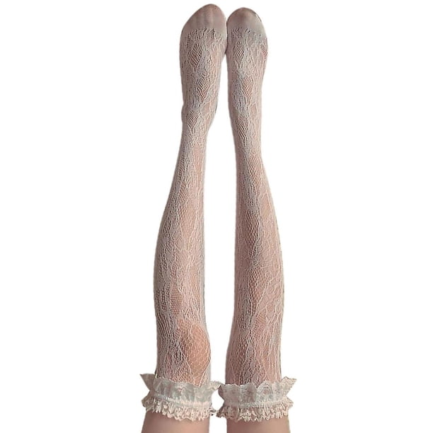 Medias altas hasta el muslo de rejilla de Lolita Calcetines con estampado de encaje floral con volantes y volantes
