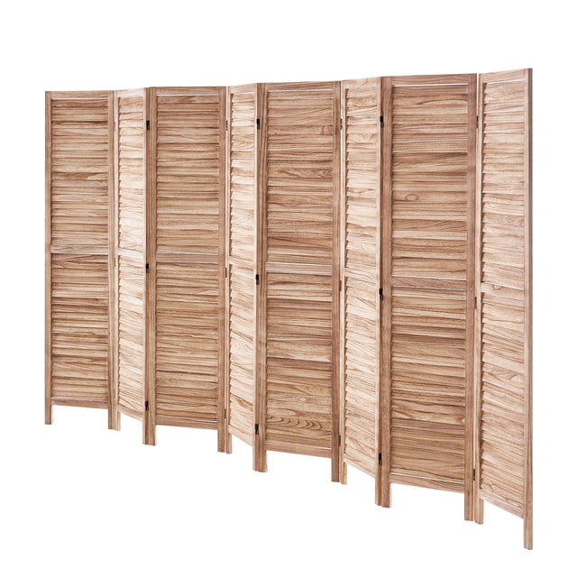 KFFKFF Wooden Partition, 8-panel folding privacy barrier with a slatted louvered design, crafted from premium Paulownia wood. The divider measures 66.9 inches high and features 360° rotating panels with double-directional hinges for flexible space division. Suitable for homes, offices, restaurants, and bedrooms, it can also block sunlight or serve as a decorative video backdrop.