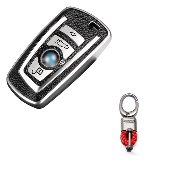 x xotic tech Silver TPU Grainy Leather Texture Key Fob Shell Cover Case w/ Keychain, Compatible with BMW 1 2 3 4 5 6 7 Series X3 X4 4-Button Smart Keyless Entry Key