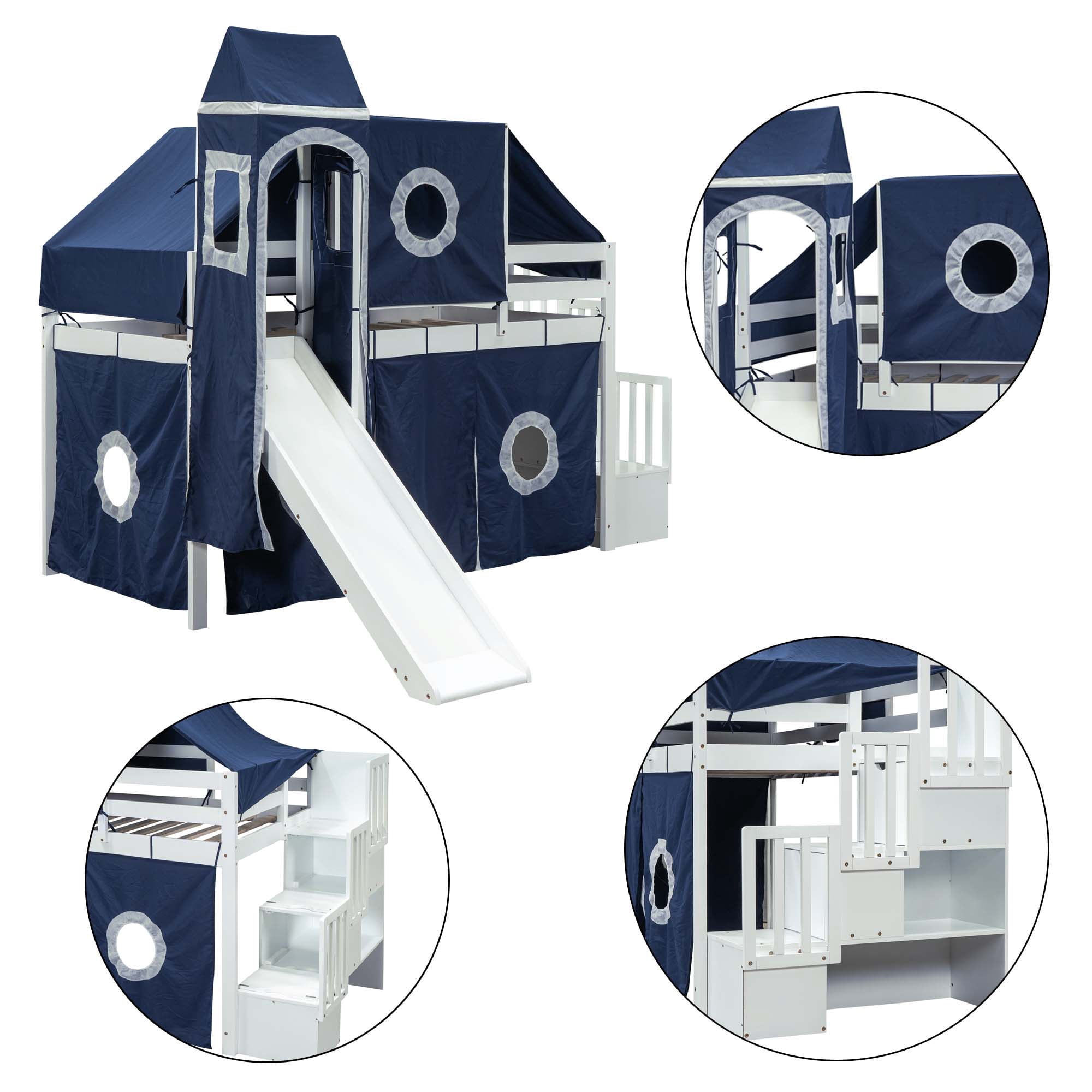 Aukfa Twin Loft Bed with Slide - House Loft Castle Bed with Stairway Tent Tower for Kids - Navy