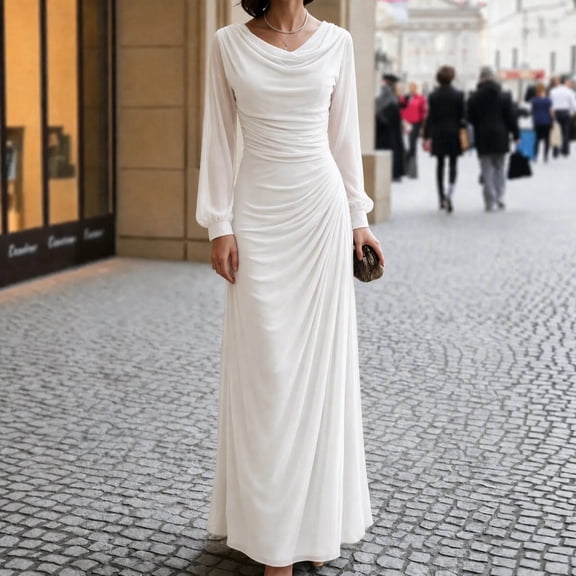 Shihyeh Women's Elegant Pleated Long Sleeve Flowy Evening Dress, Solid Color Chic Gown, Soft Stretchy Party Dress