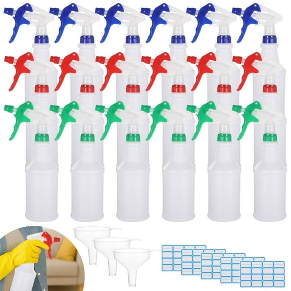 18 PCS 500ml Plastic Spray Bottles with 3 Funnels and 5 Stickers, PE Cleaning Gardening Spray Bottles with Adjustable Nozzles Red, Green, Blue