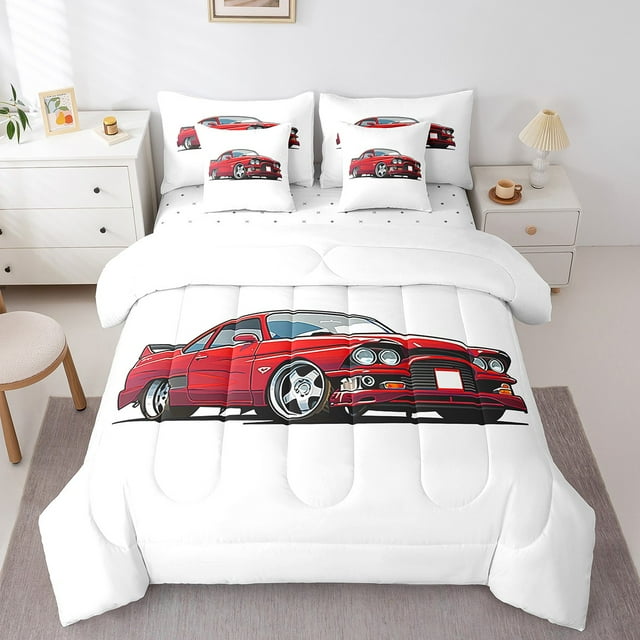 YST Ensemble de Literie pour Garçons Taille Très Grand 7 Pcs, Ensemble de Literie pour Enfants Voiture de Course Rouge avec Draps, Voiture de Sport Réversible Lit en Sac avec Housses de Coussin, Décoration de Chambre à Thème Voiture