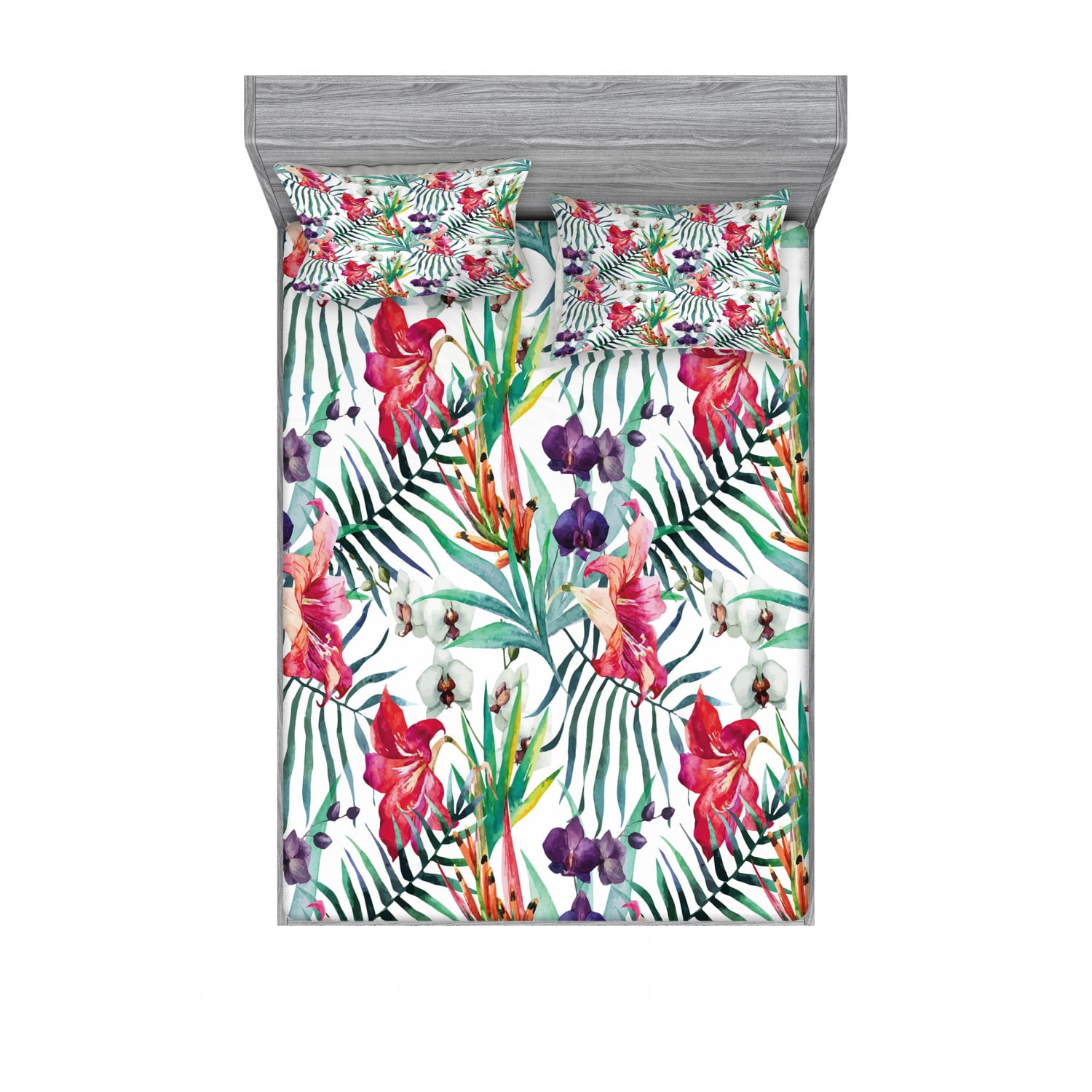 Floral Bedding Set with Sheet & Covers, Watercolored Tropical Exotic