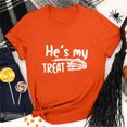 thumbnail image 2 of Hinvhai He Is My Treat Skull Hand Direction Halloween Drop Sleeve Vintage Print Loose Short Sleeve Men's and Women's Top Orange 12(XXL), 2 of 5
