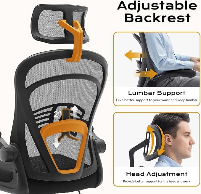 Ergonomic High-Back Mesh Office Chair – Adjustable Headrest & Flip-Up Armrests, Desk Chair with Wheels, 300 lbs Capacity for Home or Study, Black