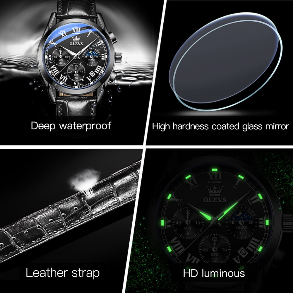 OLEVS Mens Watches Luxury Chronograph Moon Phase Waterproof Luminous Black Leather Strap Date Classic Watch for Men