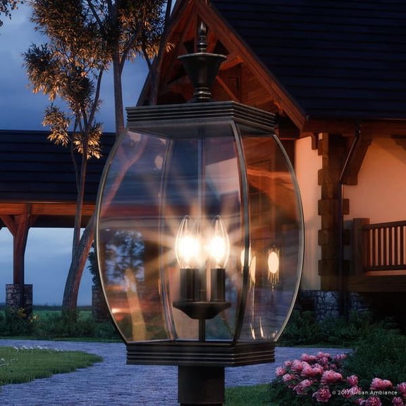 Urban Ambiance Luxury Colonial Outdoor Post Light, Large Size: 22"H x 9"W, with Transitional Style Elements, Bowed Design, Gorgeous Dark Medieval Bronze Finish and Beveled Glass, UQL1174