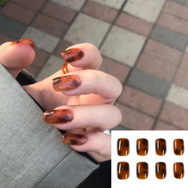Uñas postizas de moda con diseño de leopardo, 24P, cobertura completa, puntas de Stiletto negro y marrón, pegamento para uñas artificiales francesas