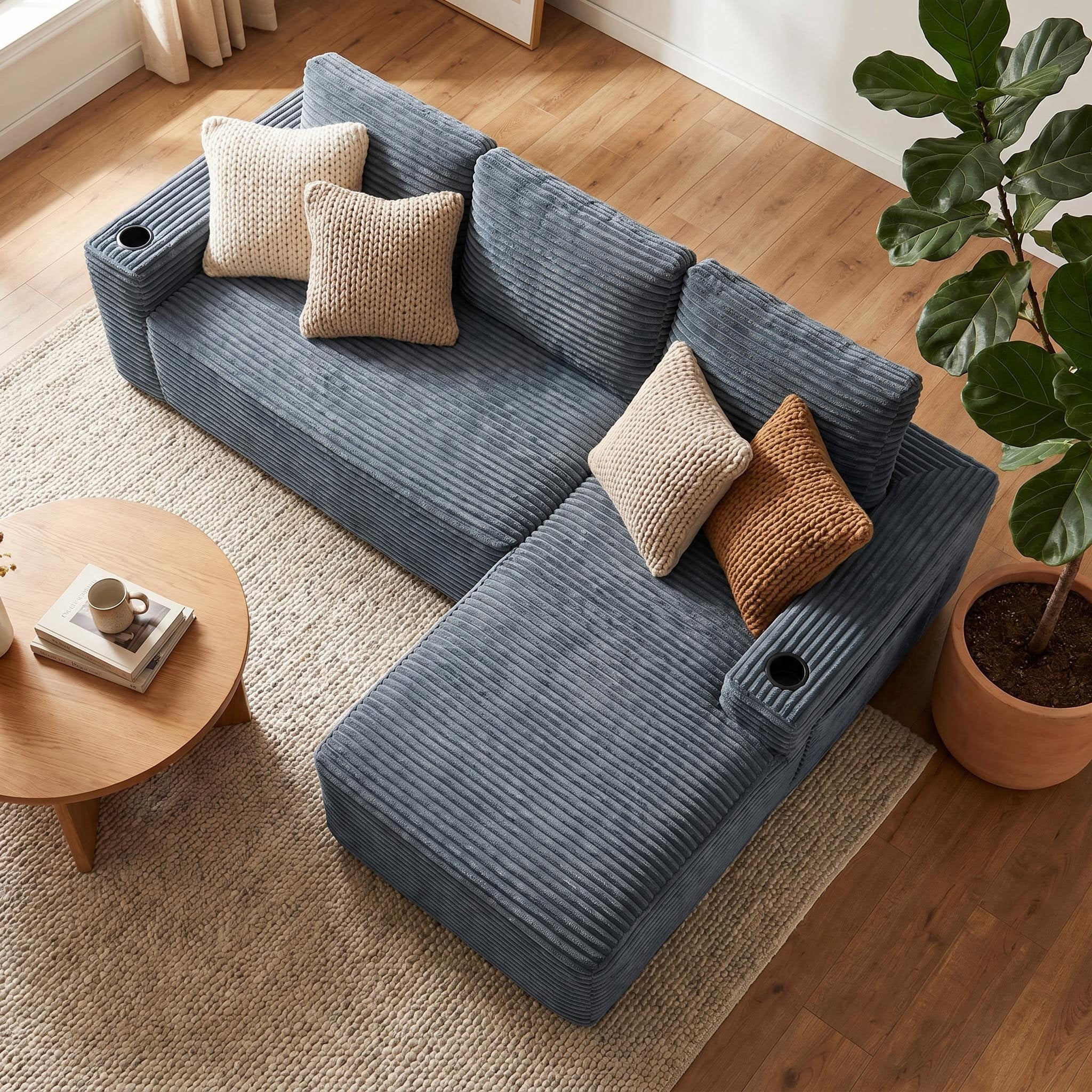AISWORD 104.3" L-Shaped Modular Sectional Sofa, Corduroy 4-Seater Cloud Couch with Cup Holders & Side Pockets, Boneless Upholstered Sofa, No Assembly, Gray, Right-Facing Chaise
