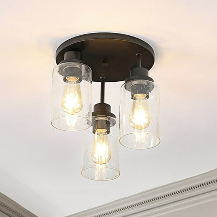 JONATHAN Y Jonah 12" 3-Light Bohemian Farmhouse Iron/Seeded Glass LED Semi Flush Mount, Black/Clear, JYL7556A
