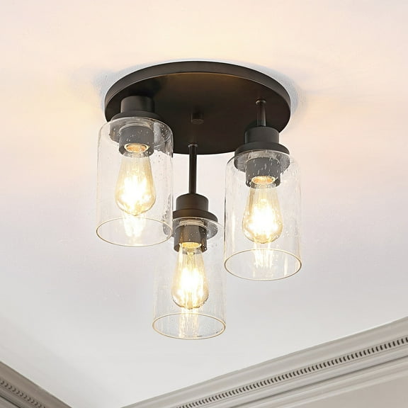 JONATHAN Y Jonah 12" 3-Light Bohemian Farmhouse Iron/Seeded Glass LED Semi Flush Mount, Black/Clear, JYL7556A