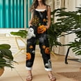 thumbnail image 4 of WTOBBY Women's Casual Loose Fit Vintage Jumpsuit with Halloween Bat Print, Cotton Linen Blend Fabric and Shoulder Strap Design for Retro Style Comfort,BlackL, 4 of 5