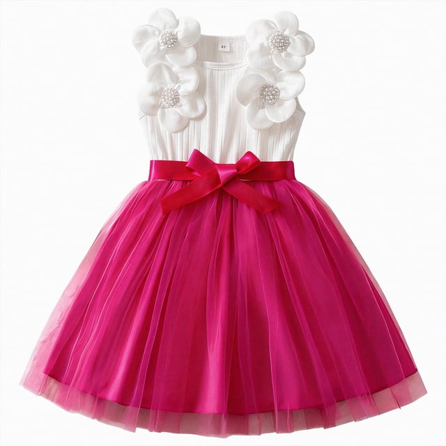 NIEWTR Robe Tutu à Ourlet Volanté pour Tout-Petite Fille Bébé Princesse Anniversaire Flower Girl Robe d'Été de Fête (Rose Vif, 3-4 Ans)