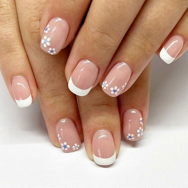 24 Pcs Short Square False Nail Flowers Artificial Nail White French Tip Stick On Nail Glossy Press On Nail for Woman