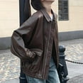 thumbnail image 3 of Women Jacket Faux Leather Smooth Surface Turn-down Collar Zip-up Long Sleeves Elastic Hem Pockets Retro Motorcycle Coat, 3 of 7