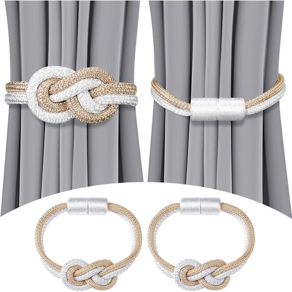 2 Pcs Magnetic Curtain Tiebacks 2 Style, Elegant Decorative Tie Backs Terse Style Drape Tie Backs Hand Weave Rope Knot Curtain Holdbacks for Home Outdoor (Silver Gray)