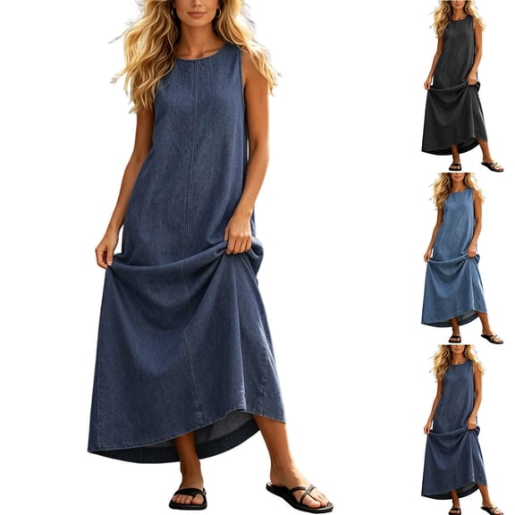 Ailaofu Womens Casual Sleeveless Maxi Denim Dress Spring Summer Crewneck Vintage Loose Long Vest Jean Dress