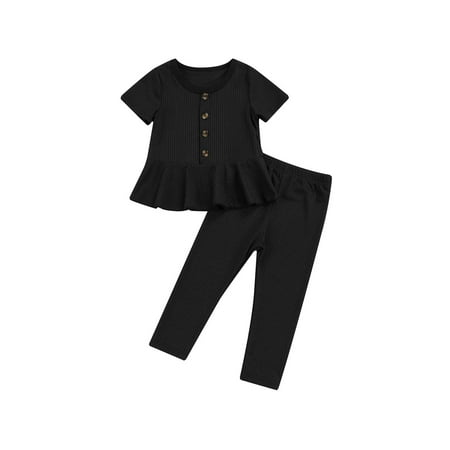 

Kids Toddler Girls Basic Rib Knitted Short Sleeve Ruffle Tunic Dress Top Leggings Pants Outfits