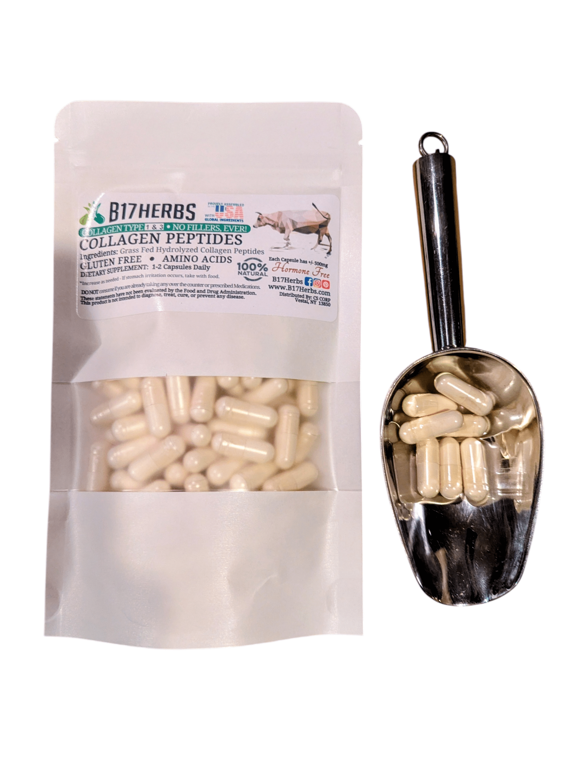 Collagen Peptide Capsules - Type I & III, Grass Fed - Gluten-Free, 100 Veggie Caps., 500mg