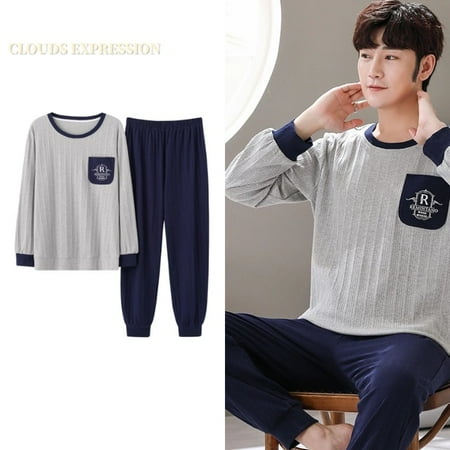 

QWZNDZGR Spring Autumn L-4XL Knitted Cotton Simple Men s Pyjamas Suits Pajamas Set Casual Male Sleepwear Pyjamas Night Pijamas Homewear