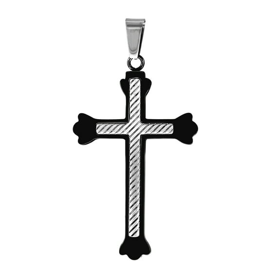 Stainless Steel Mens Black Budded Cross Religious Charm Pendant 32mm Wide Necklace for Men