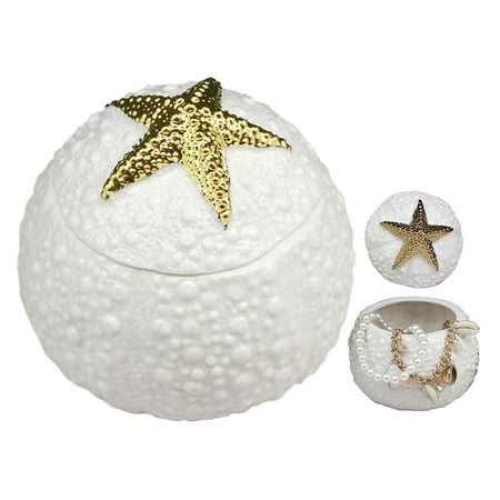 Ebros Ceramic Gold Starfish Sea Star Round Jewelry Box As Coastal Beach Ocean Nautical Decorative Storage Knick Knack Trinket Box Idea for Mother's Day Women Girls (Gold Starfish)