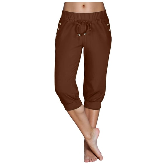 TANGQIOP Women'S Causal Pants Clothes Knit 3/4 Length Slim Elasticized High Waisted Drawstring Pocket Athletic Solid Color Capris Brown S
