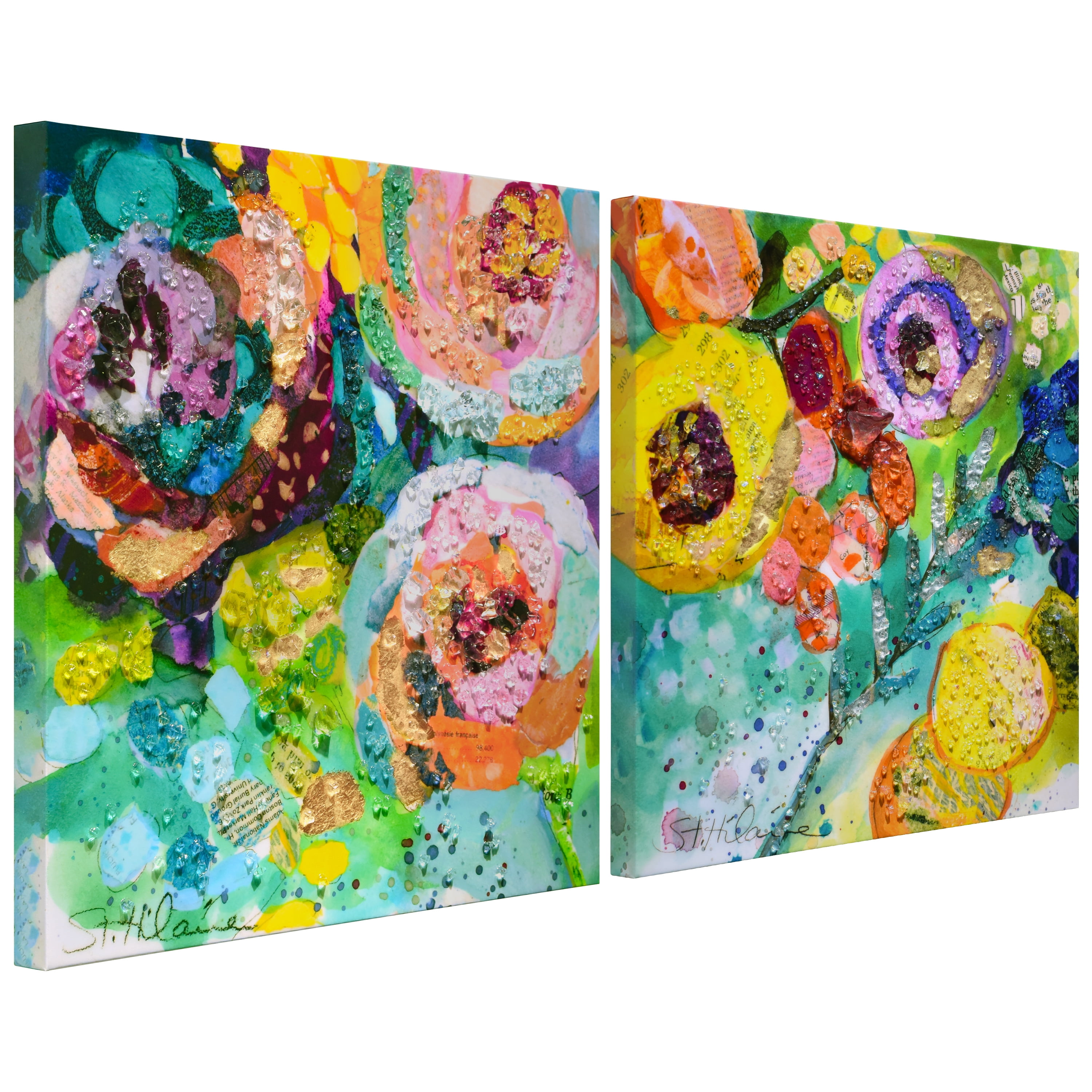 "Floral Radiance I & II" Crystallus Epoxy Coated Wrapped Glossy Canvas Wall Art with Heavy Acrylic Crystal Shards Embellishments, Gold Foil Accents