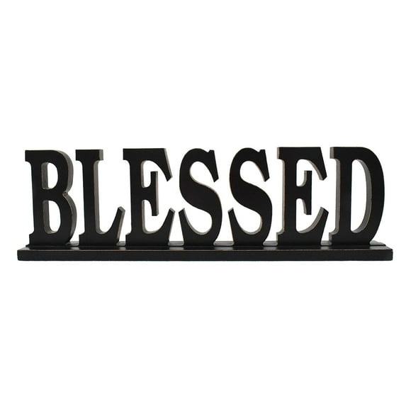 Attraction Design Rustic Wood Blessed Sign for Home Decor, Decorative Wooden Cutout Word Decor Freestanding Blessed Tabletop Decor, 16.5" X 5" Black Blessed Block Letters Sign Family Mantel Decor