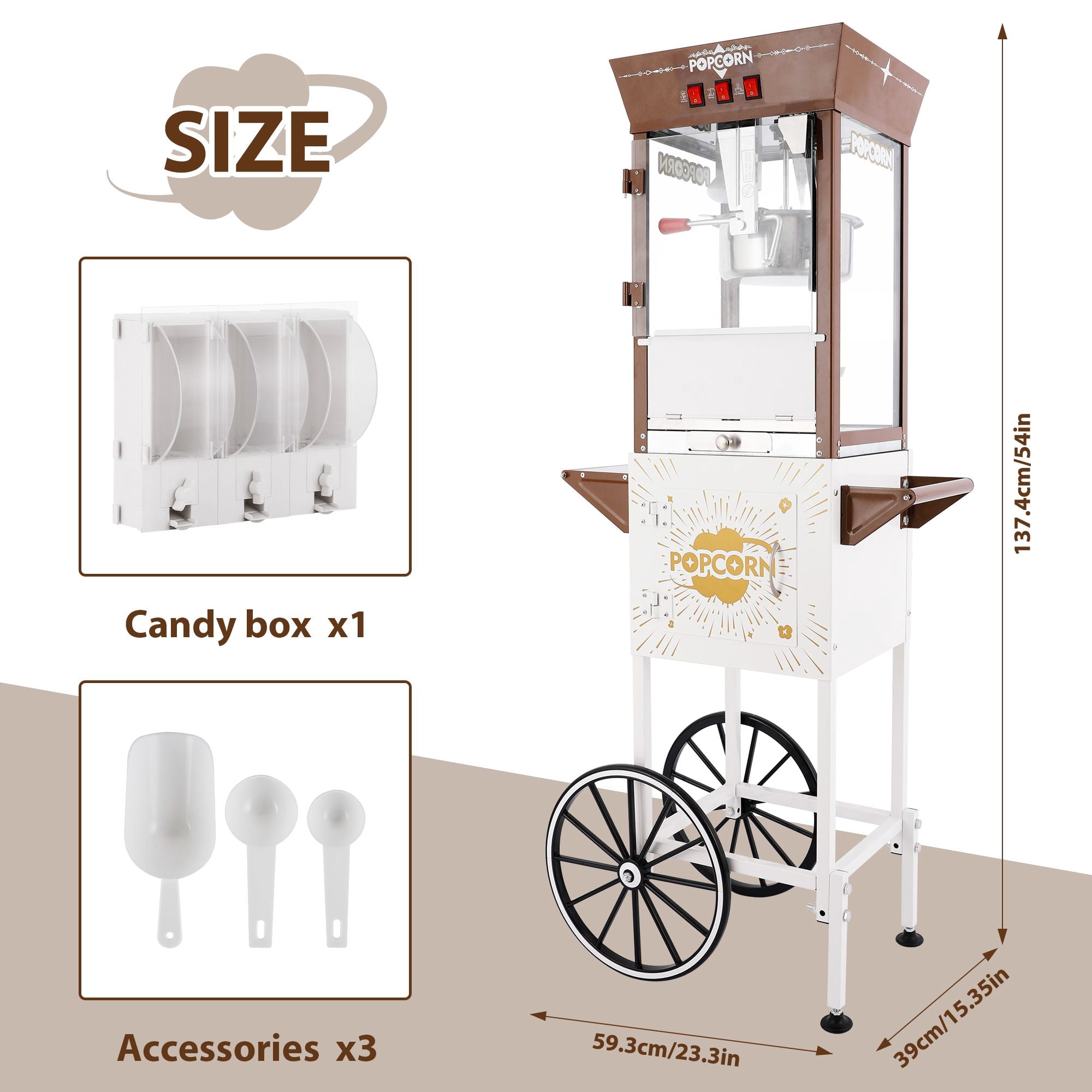 12oz Commercial Popcorn Machine with Cart, 3 Control Buttons Electric Popcorn Maker, Comes with 3 Candy Storage Boxes & 3 Plastic Spoons, Retro Popcorn Popper for Movie Theater Snack Bar