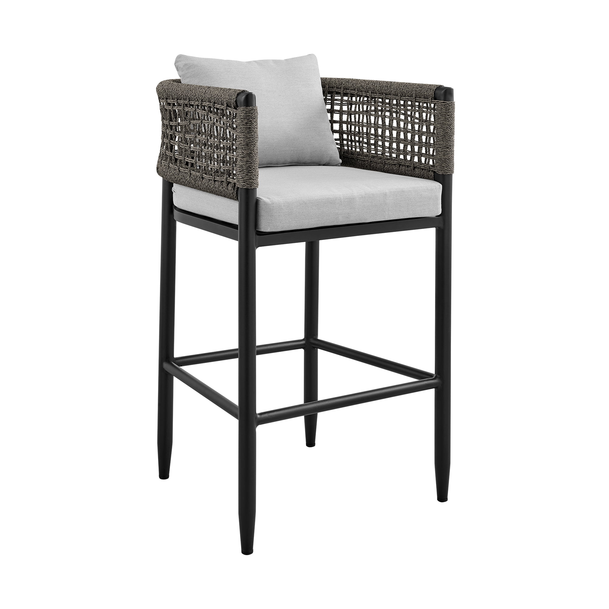 Alegria Outdoor Patio Counter Height Bar Stool in Aluminum with Gray Rope and Cushions - Set of 4
