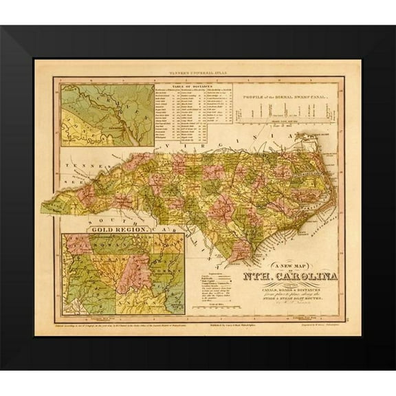Vintage Maps 13x12 Black Modern Framed Museum Art Print Titled - North Carolina 1844