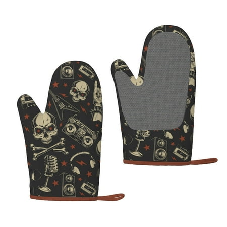 

XMXT 2 Pcs Silicone Oven Gloves Skeleton Rock Music Print Thickened Non-Slip Gloves Black