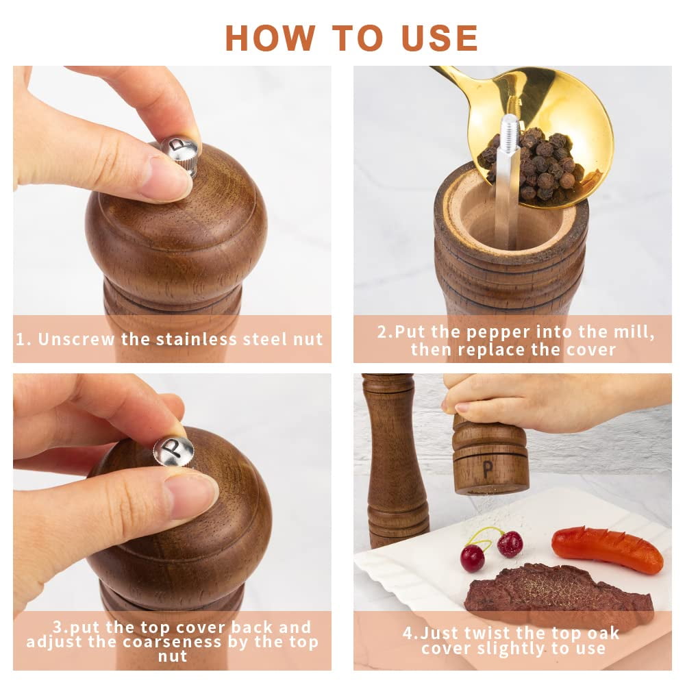 Salt and Pepper Mill Set, Wooden Salt and Pepper Grinders, Shakers with Ceramic Core- 8 Inches -Pack of 2