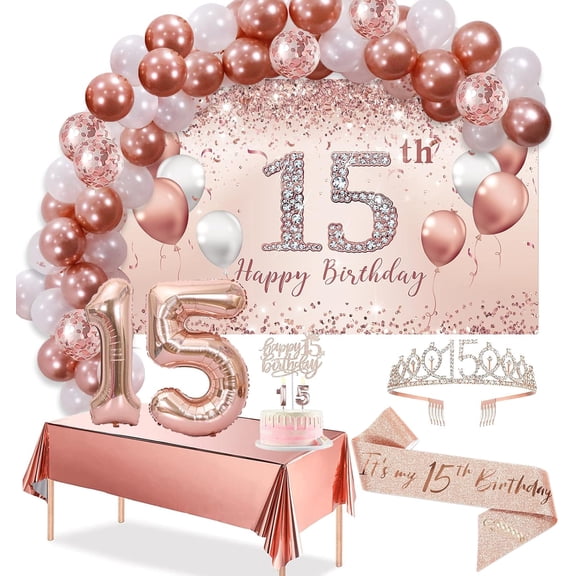15th Birthday Decorations - Rose Gold Arch, Banner, Tablecloth, Tiara, 60 Pink Gold Balloons and Cake Top
