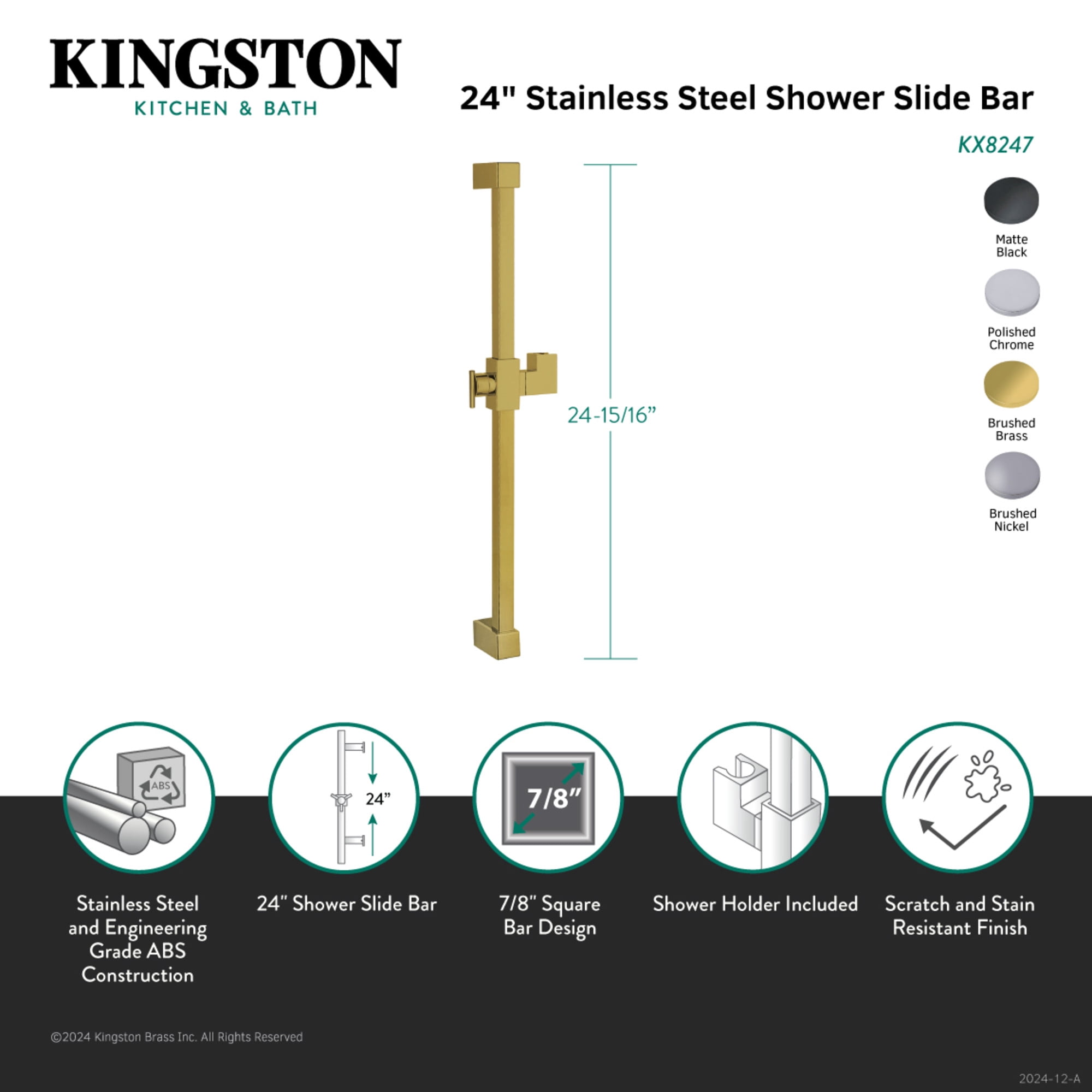Kingston Brass KX8240 Claremont 24-Inch Stainless Steel Shower Slide Bar in Matte Black