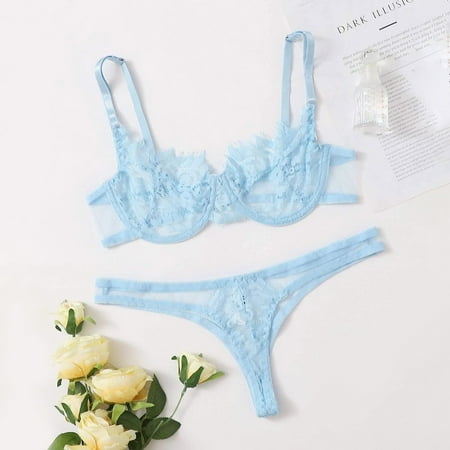 

Lingerie Women for Underwear Lace Temptation Three Point Lingerie With Steel Ring Blue
