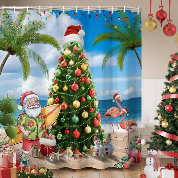 Blue Coastal Christmas Shower Curtain, Summer Beach Xmas Tree Santa Waterproof Fabric Shower Curtains with 12 Hooks, Bathroom Curtain Set for Bathroom Accessories Decor, 66 x 72 Inches
