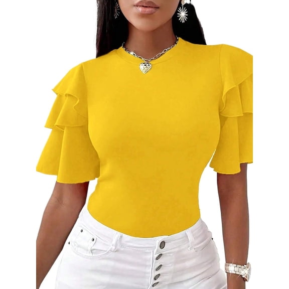Womens Solid Color Round Neck Short Sleeve Elegant T-Shirt Summer Blouse For Women