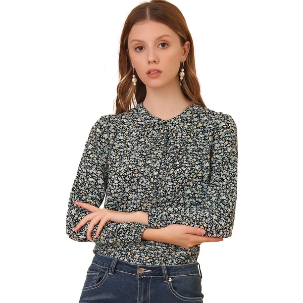 Blusa Floral Frente Plisado Medio Tapeta Manga Larga Casual Para Mujer Negro L Allegra K