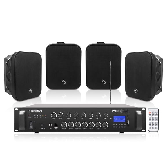 Sound Town Commercial Restaurant Bluetooth Amplifier   Surface-Mount Speaker Set, with One 6-Zone 70V/100V Amplifier with Bluetooth, 4 x 5.25-Inch Surface-Mount Speakers, Black (PAC180X4MS5B)