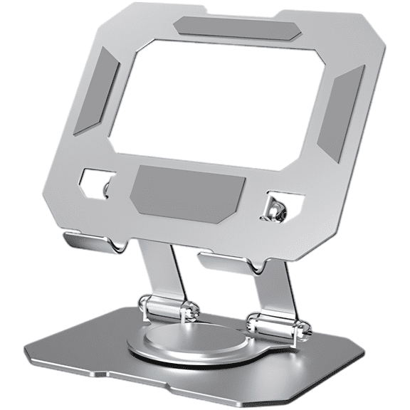 Silver Metal Tablet Stand, Carbon Steel Desktop Holder with 360 Degree Rotatable Base, 180 and 360 Degree Adjustable Angles, Foldable Design, 5.9 x 4.6 x 6.3 in
