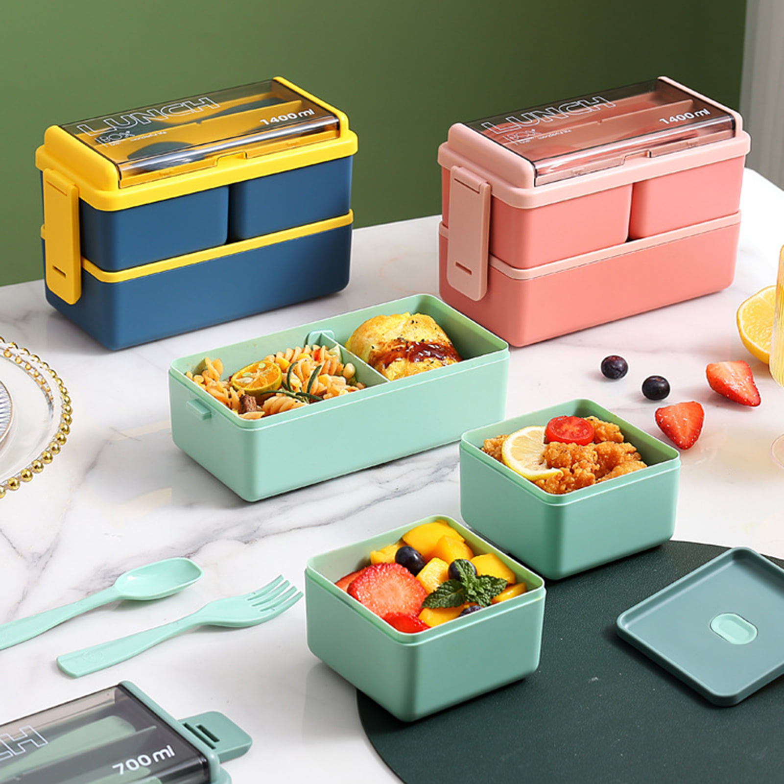 2Pcs Lunch Box Set Microwavable Bento Box Kids School Food Box Sandwich  Snack Bread Box Food