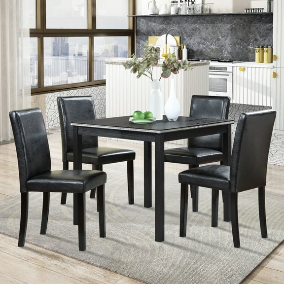 5-Piece Wooden Dining Set: Square Table & 4 Upholstered Chairs, Wooden Table with Crystal Decoration, for Kitchen/Dining Room, Black