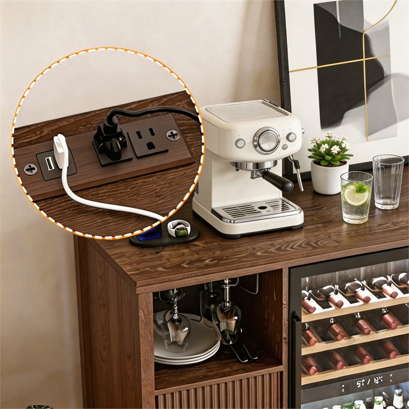 53" Brown Engineered Wood Coffee Bar Cabinet with Mini Fridge Space & Power