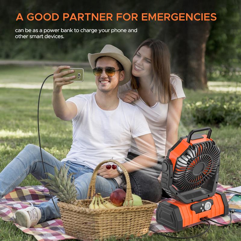 Cordless 20000mAh Rechargeable Portable Camping Fan with LED Lights, Remote Control, Foldable Hook, 4-Settings Wind Speeds, USB-C Port