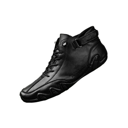 

Woobling Mens Ankle Booties Lace Up Boots Hand Stitching Flats Work Casual Shoes Non Slip Faux Leather Black Leather Vamp Plush Lined 10.5