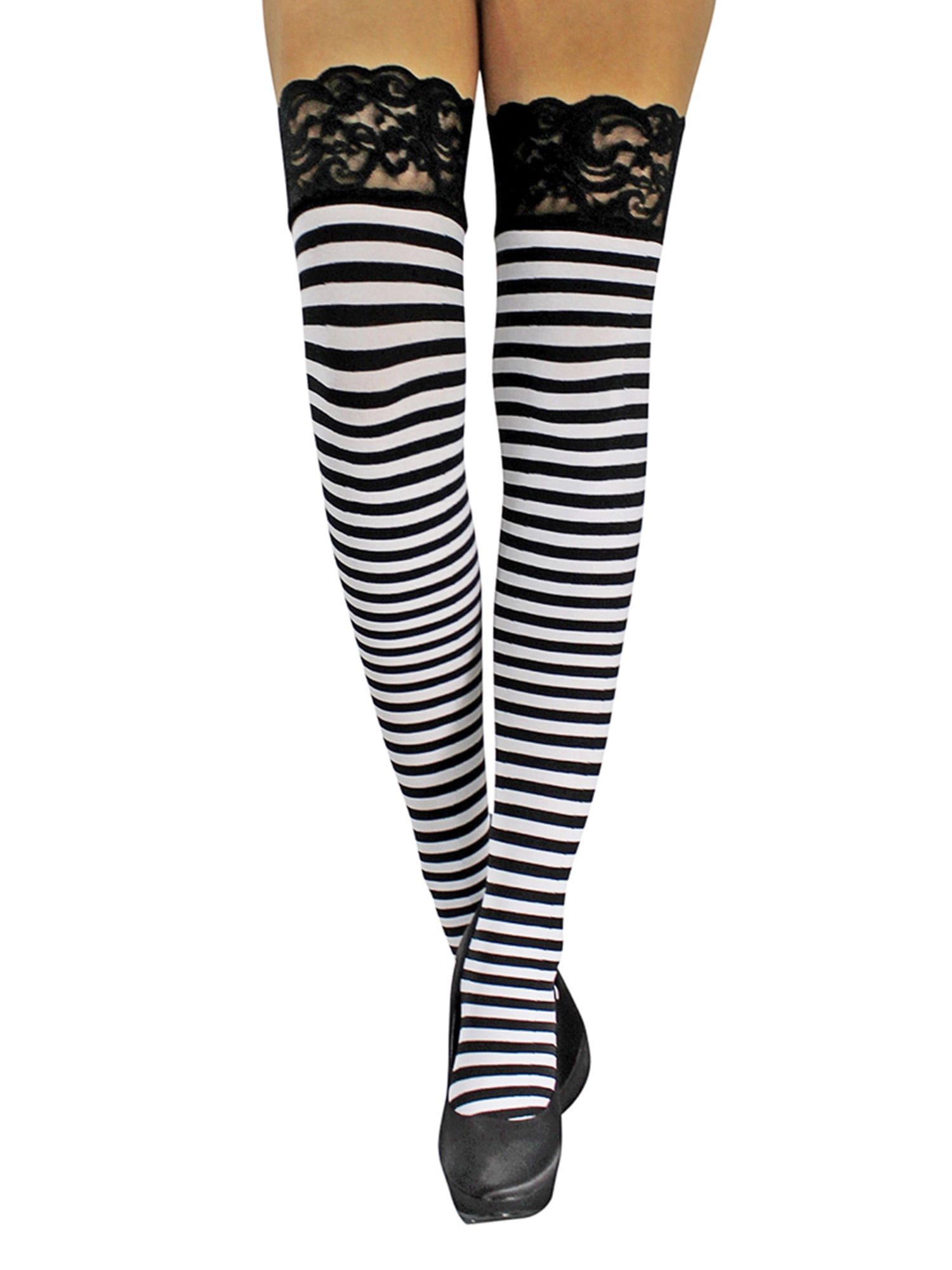 Black & White Stripe Thigh High Stockings With Lace